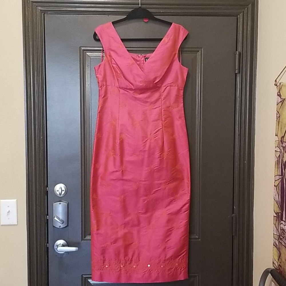 Finity Pink Silk Dress w/Orange Embroidery Sz. 10